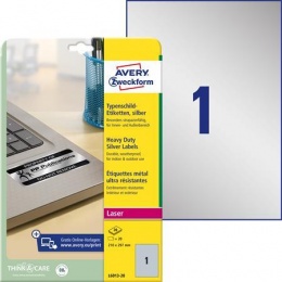 Etikett, 210x297 mm, poliészter, időjárásálló, AVERY ZWECKOFRM, ezüst, 20 etikett/csomag